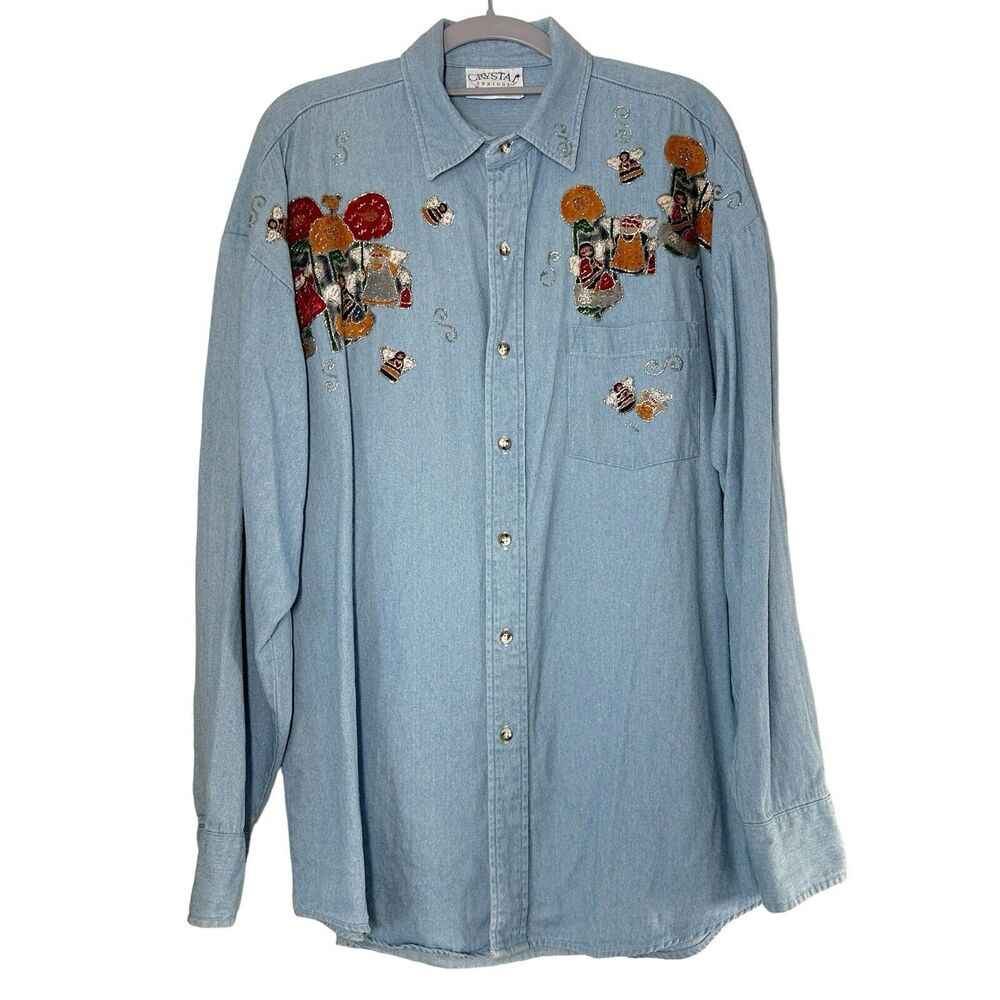 Crystal Springs Denim Button Down Shirt Womens Size M Cotton Halloween Fall Bee